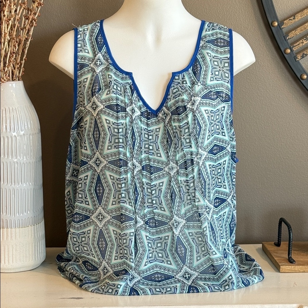 EYESHADOW Blue Geometric Print Boho Peasant Top Size 2X